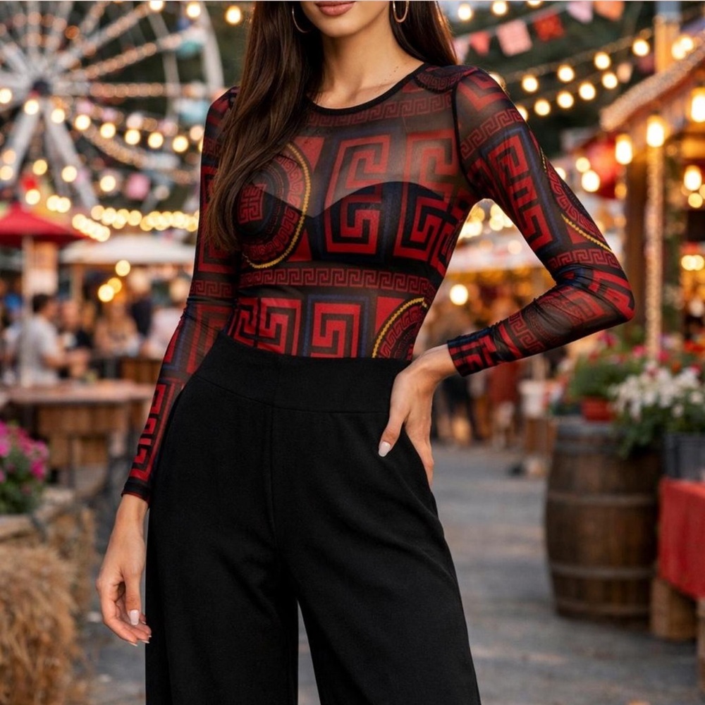 Elegant Geometric Red and Black long sleeve jumpsuit Size S - Picture 2 of 8